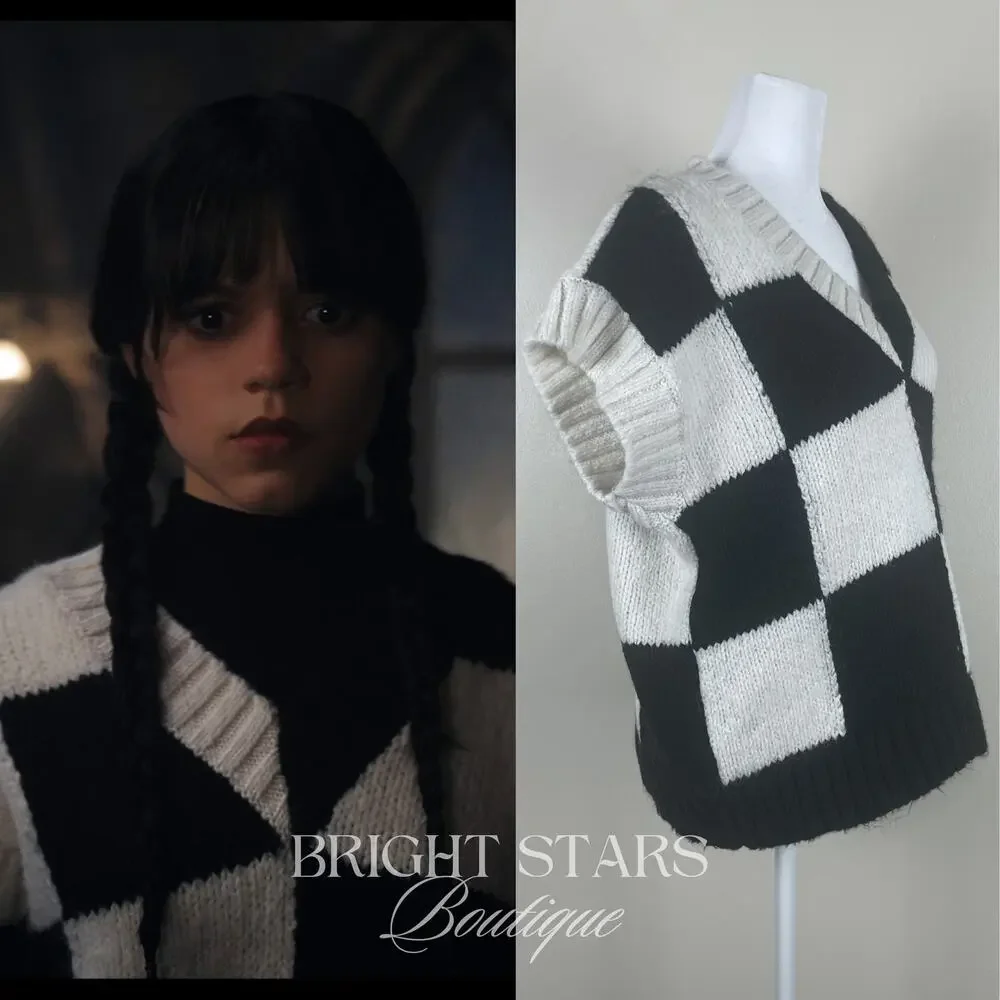Rare Checkerboard Sweater Vest ASO Wednesday Addams Black White Cosplay